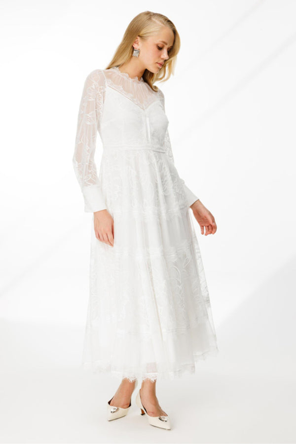 Dantel Detay Bej Astarlı Maxi Boy Abiye Elbise Nefeli