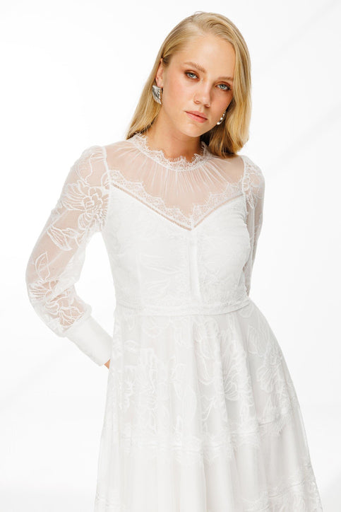 Dantel Detay Bej Astarlı Maxi Boy Abiye Elbise Nefeli 40