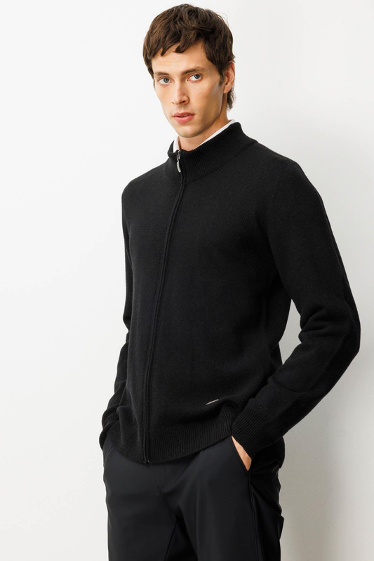 جاكيت رجالي من الصوف المحبوك الأساسي بياقة واقفة، لون عنابي 23530