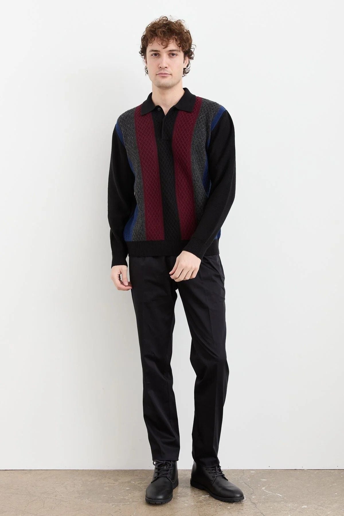 Desen Erkek Uzun Kol Polo Yaka Kazak - Vintage Minimalist Stil Ana görsel