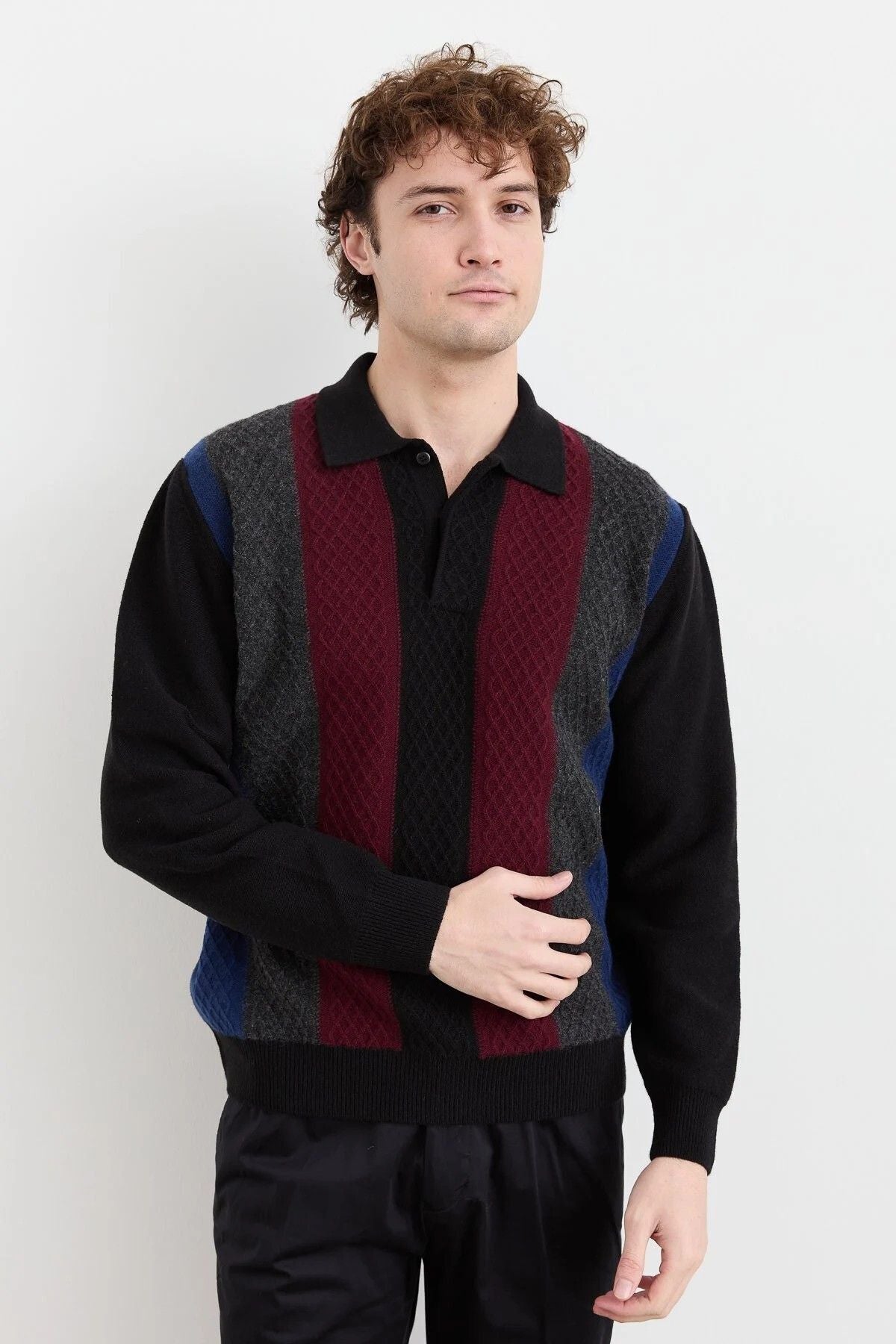 Desen Erkek Uzun Kol Polo Yaka Kazak - Vintage Minimalist Stil İkincil görsel