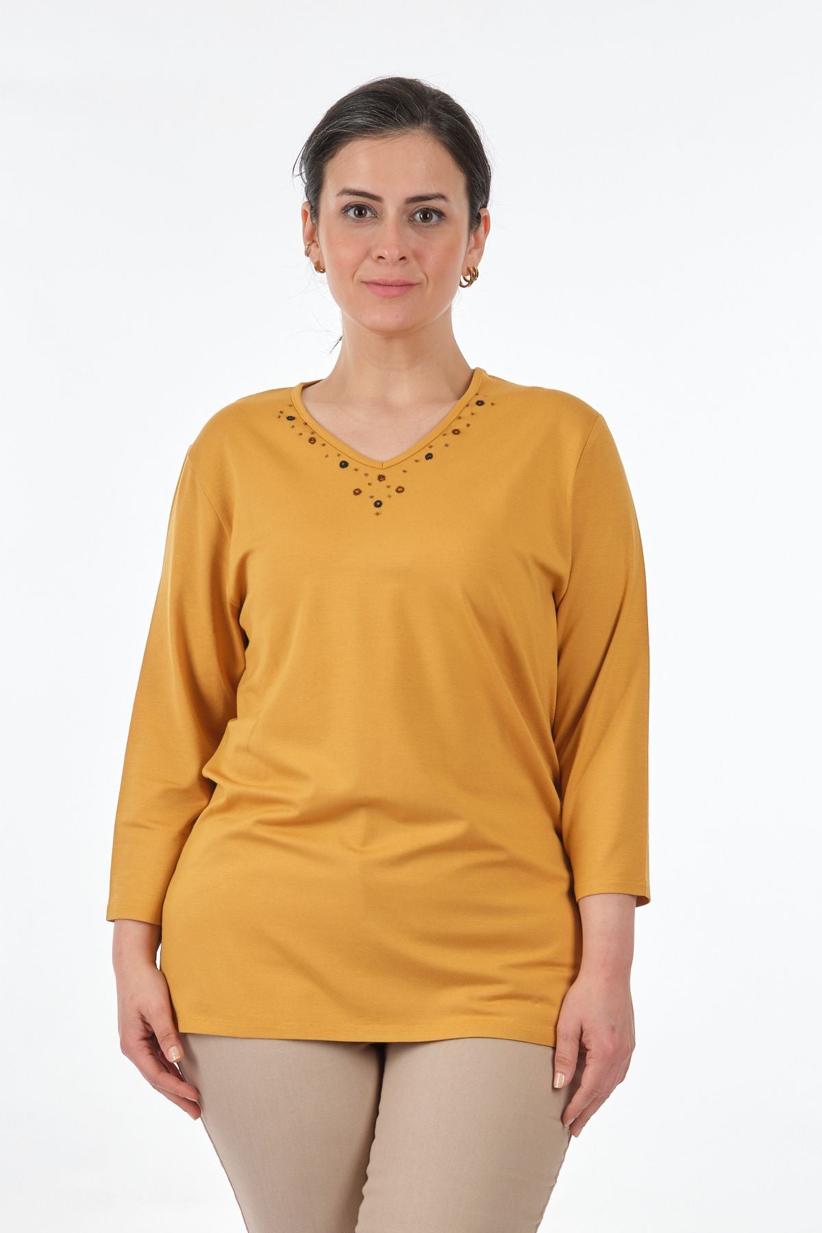 Desen Oversize V Yaka 3/4 Kol Kadın Bluz - Minimalist Tarz Translation missing: ar.content.product_image_secondary