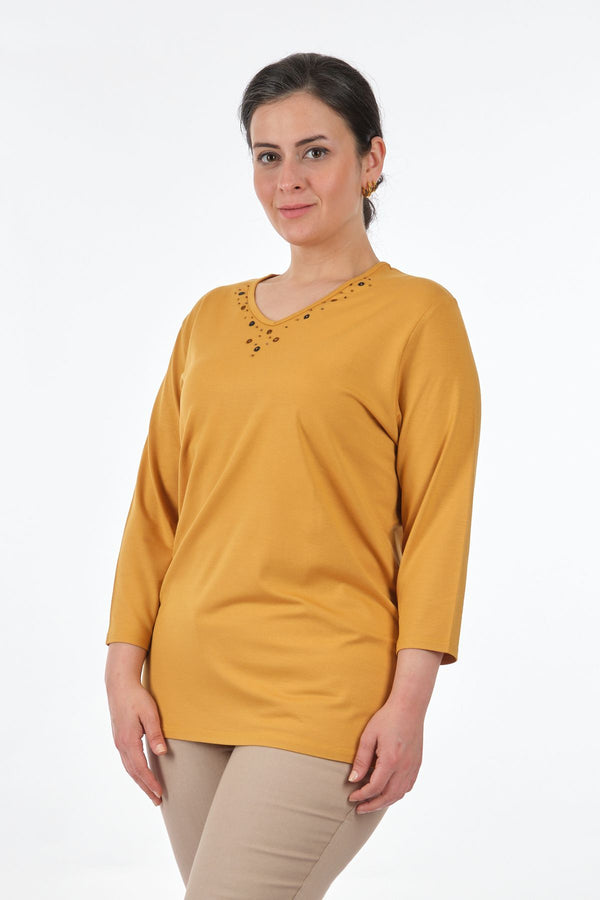 Desen Oversize V Yaka 3/4 Kol Kadın Bluz - Minimalist Tarz