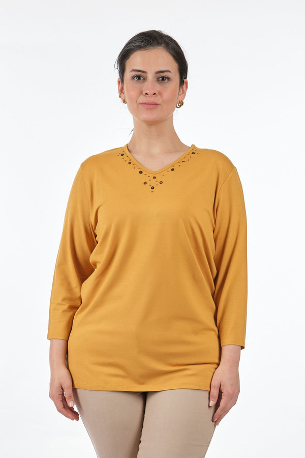 Desen Oversize V Yaka 3/4 Kol Kadın Bluz - Minimalist Tarz