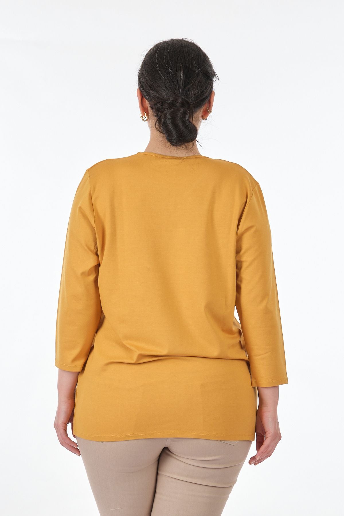 Desen Oversize V Yaka 3/4 Kol Kadın Bluz - Minimalist Tarz