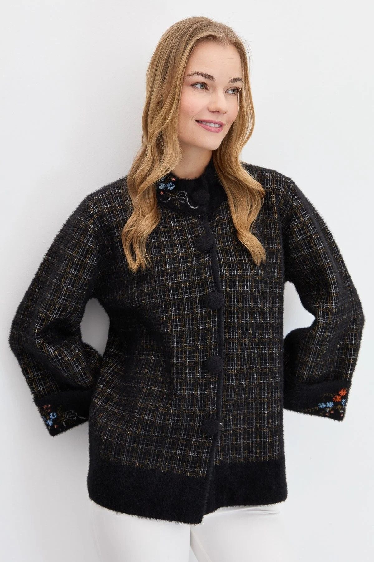 Desen Oversize Nakışlı 3/4 Kol Kadın Ceket - Vintage Stil
