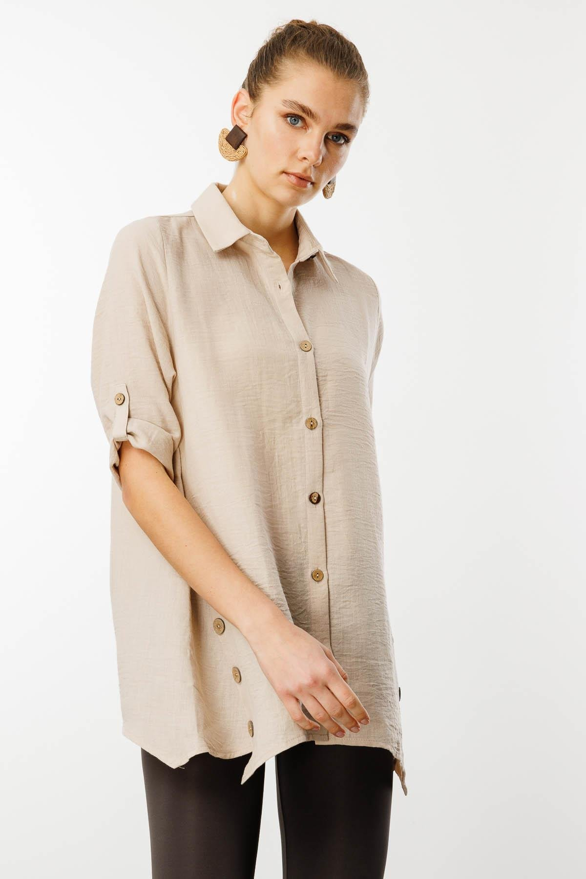 Desen Oversize Keten Gömlek - Minimalist 3/4 Kol İkincil görsel