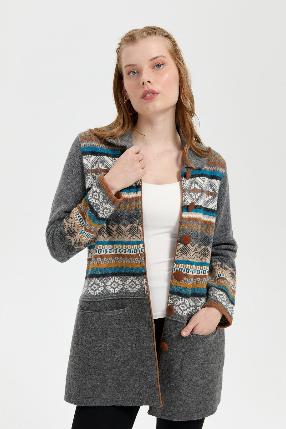 Desen Kadın Midi Oversize Desenli Kaban - Vintage Tarz