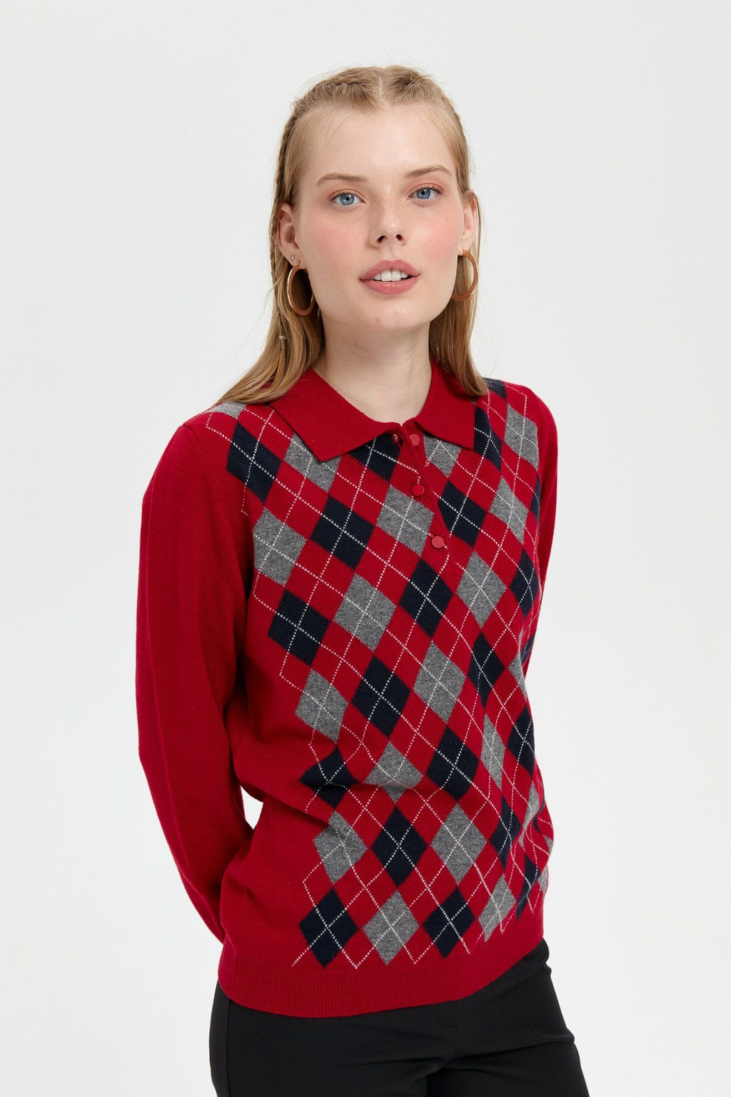 Desen Kadın Kazak - Polo Yaka Uzun Kol Minimalist Argyle Desen