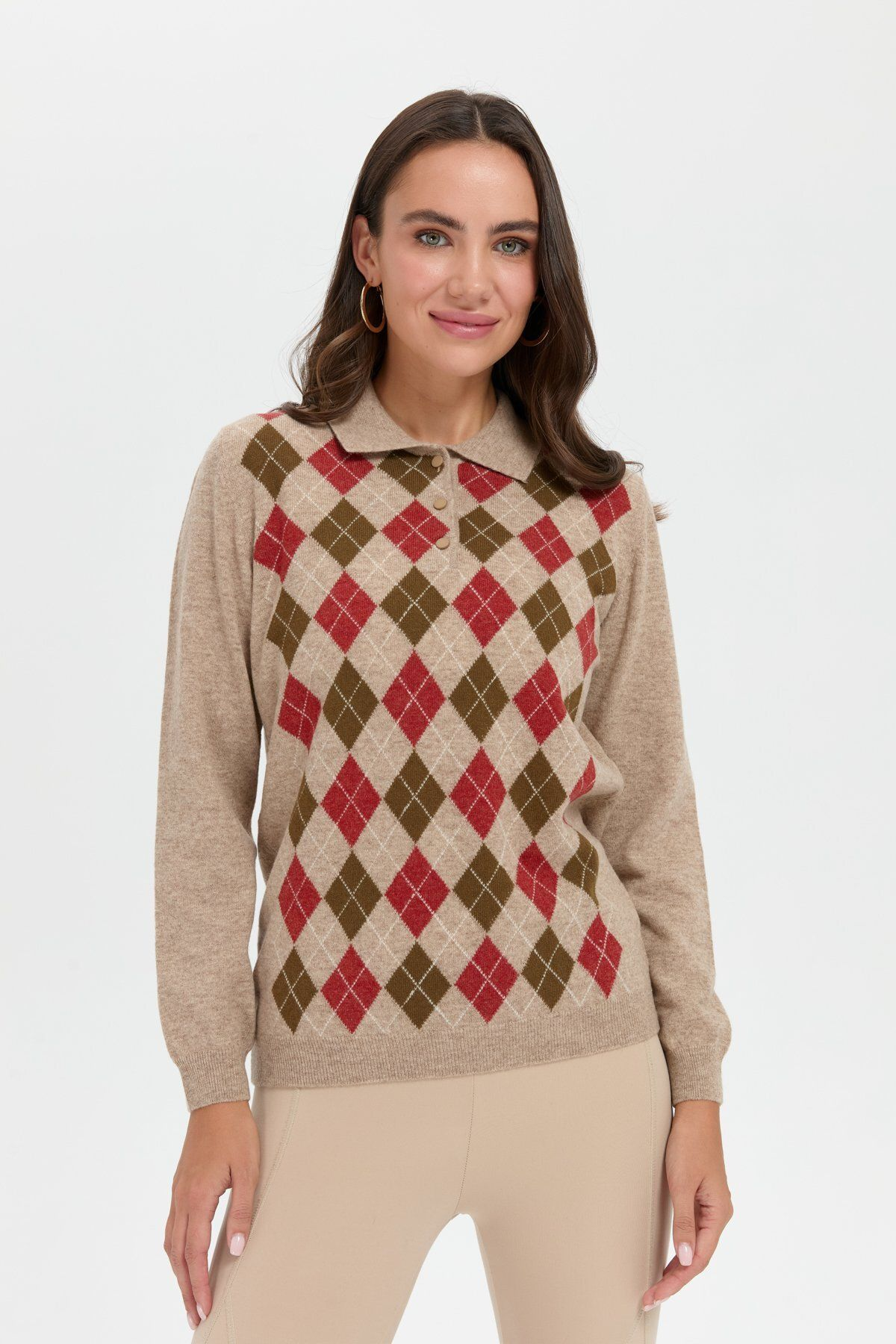 Desen Kadın Kazak - Polo Yaka Uzun Kol Minimalist Argyle Desen İkincil görsel