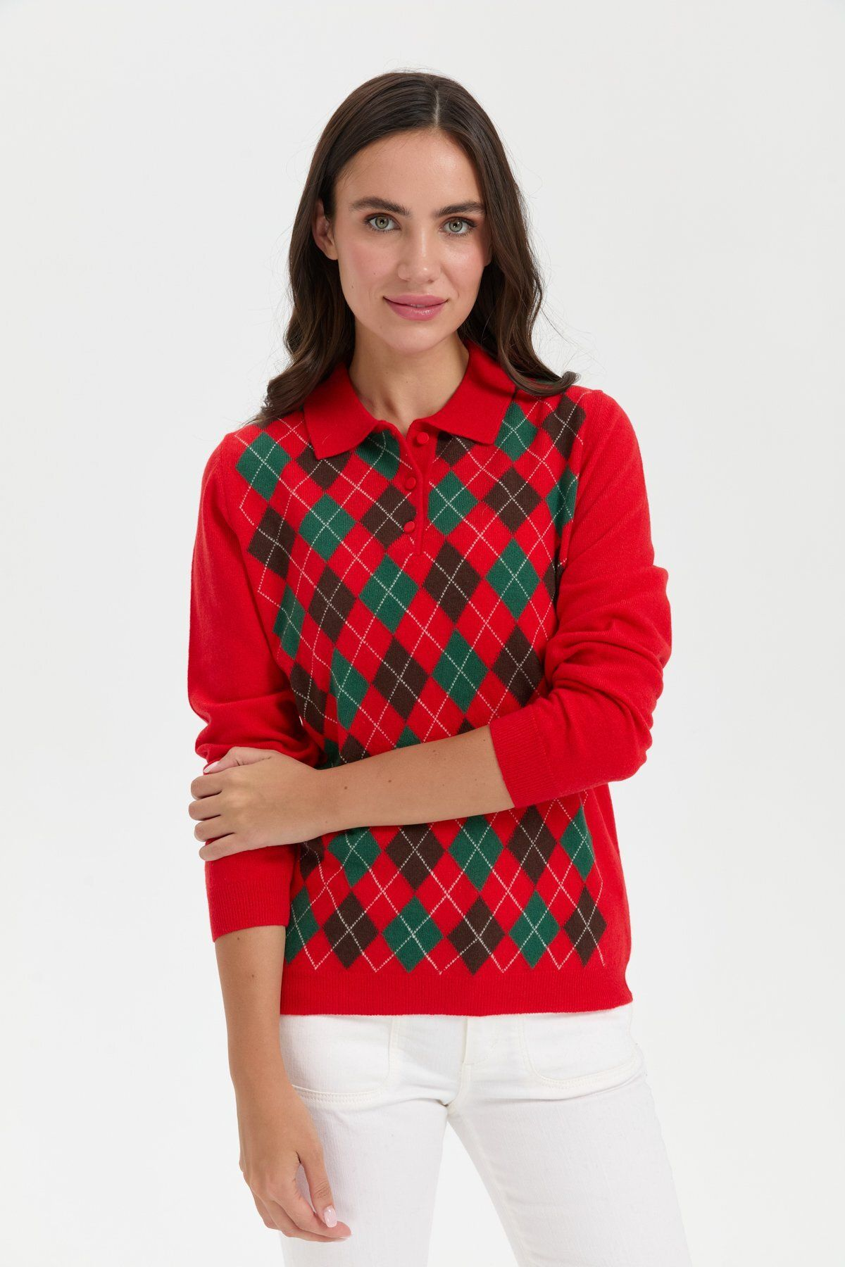 Desen Kadın Kazak - Polo Yaka Uzun Kol Minimalist Argyle Desen Ana görsel