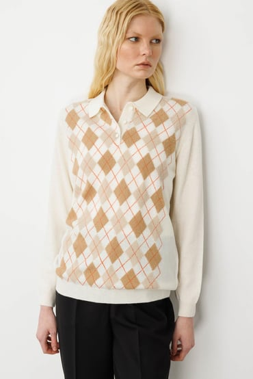 Desen Kadın Kazak - Polo Yaka Uzun Kol Minimalist Argyle Desen Ana görsel