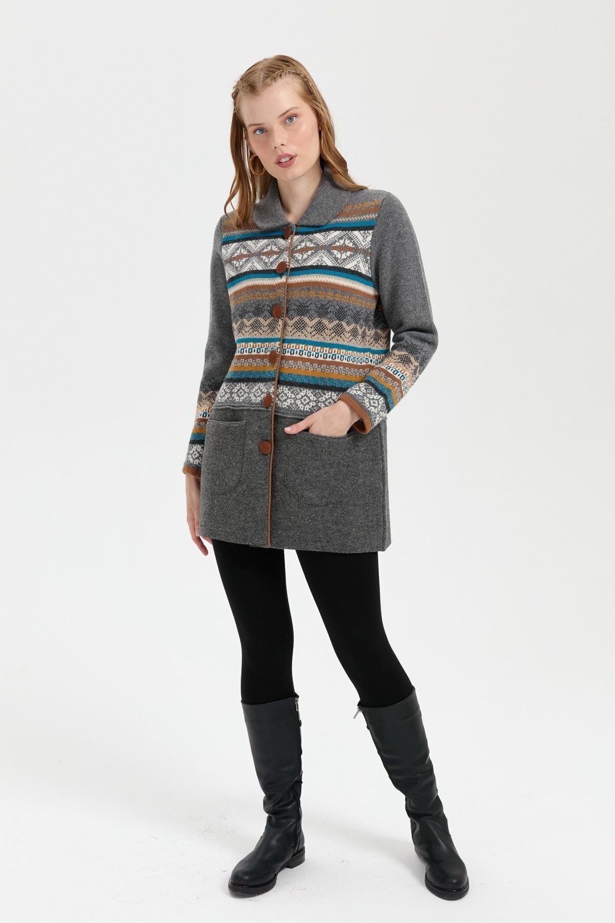 Desen Kadın Midi Oversize Desenli Kaban - Vintage Tarz