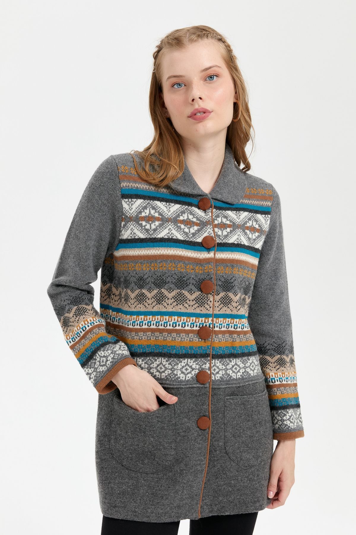 Desen Kadın Midi Oversize Desenli Kaban - Vintage Tarz