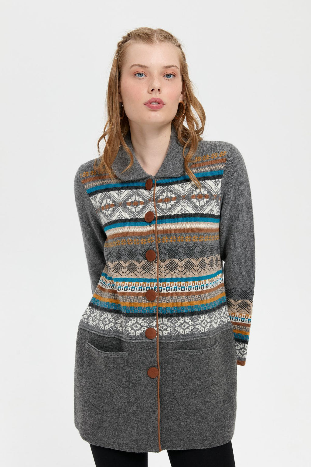 Desen Kadın Midi Oversize Desenli Kaban - Vintage Tarz