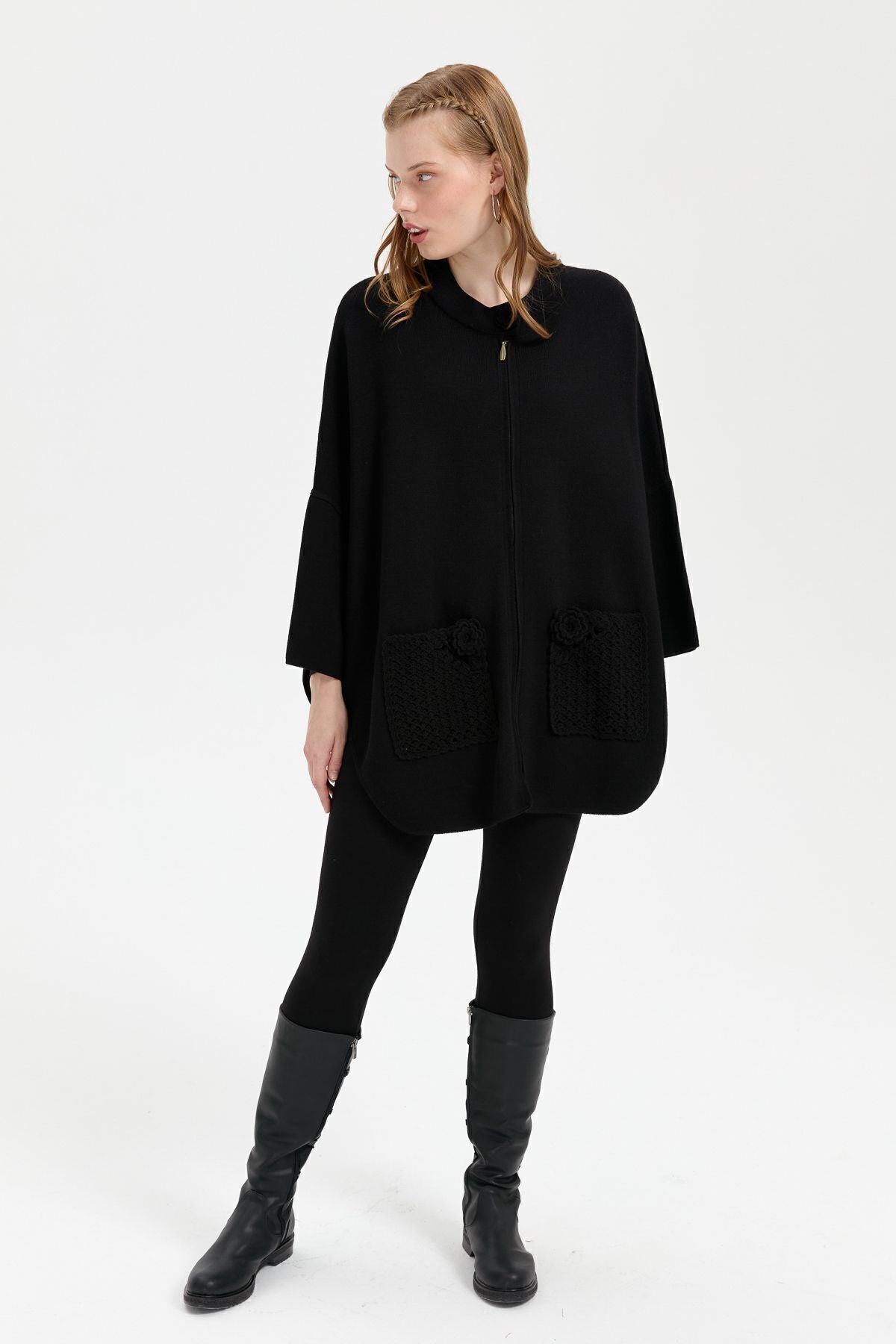 Desen Kadın Oversize Midi Panço - Fermuarlı, Örgü Detaylı
