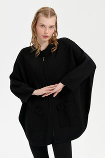 Desen Kadın Oversize Midi Panço - Fermuarlı, Örgü Detaylı