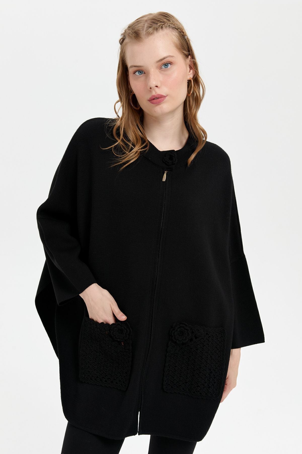 Desen Kadın Oversize Midi Panço - Fermuarlı, Örgü Detaylı