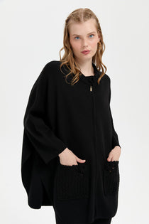 Desen Kadın Oversize Midi Panço - Fermuarlı, Örgü Detaylı