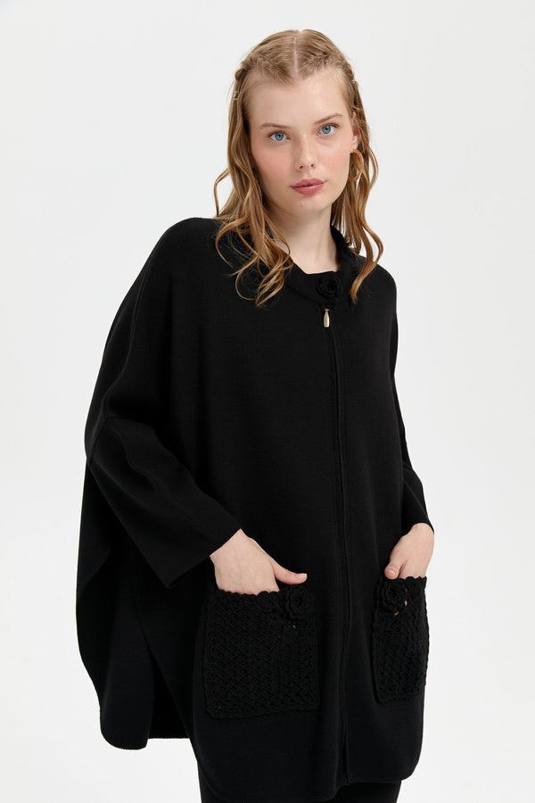Desen Kadın Oversize Midi Panço - Fermuarlı, Örgü Detaylı