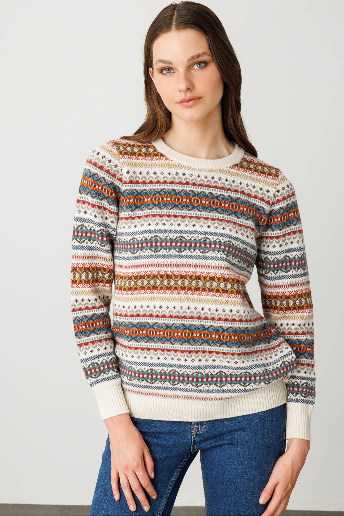 Desen Kadın Sıfır Yaka Komple Jakarlı Yün Kazak 25KDSN25100