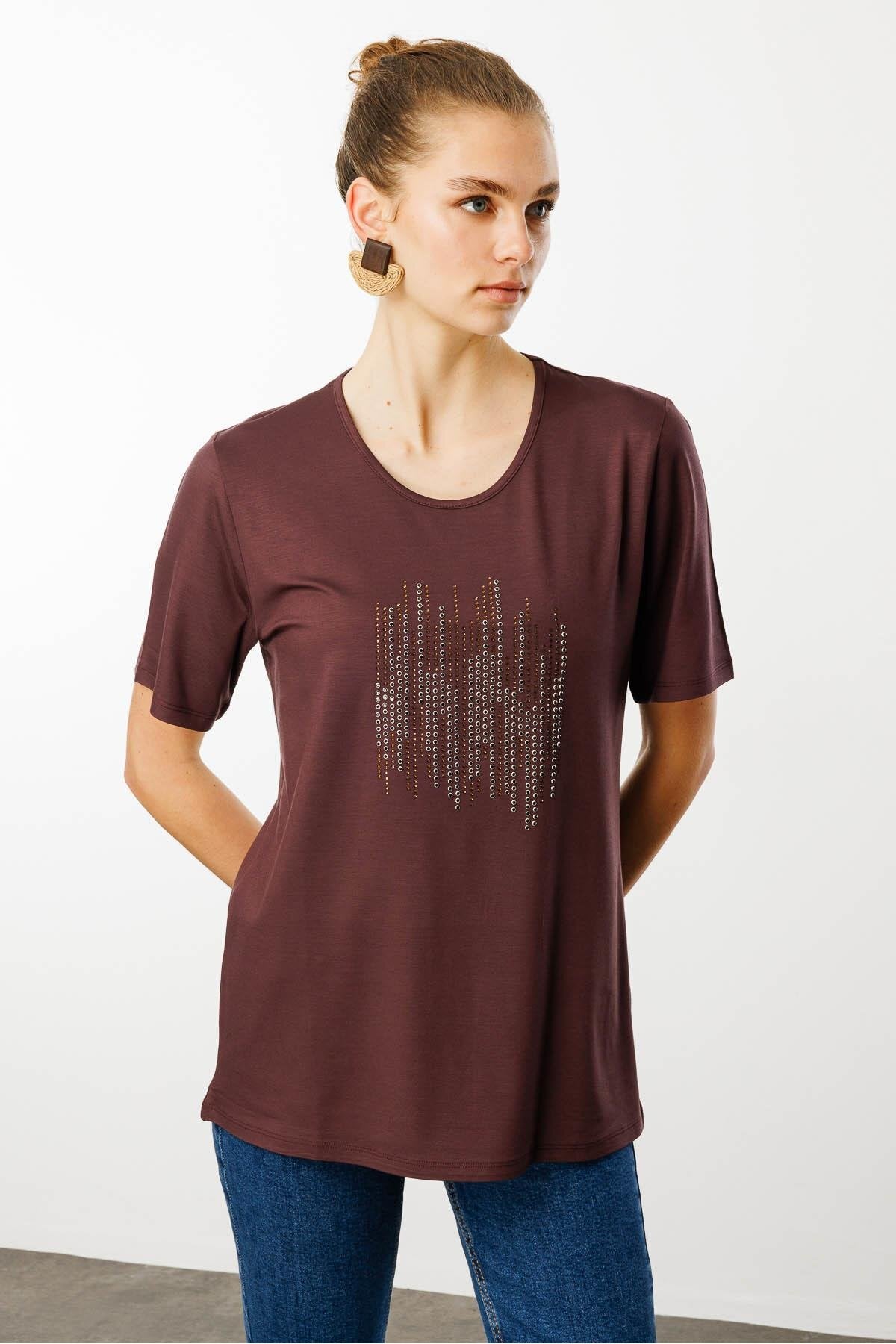 Desen Kadın Sıfır Yaka Taş Baskılı Penye T-Shirt