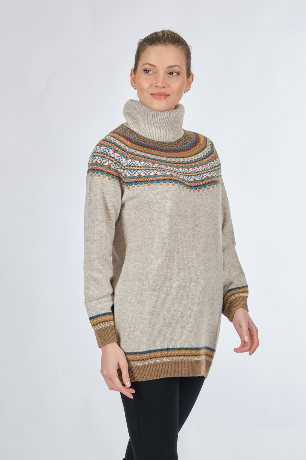 Desen Oversize Boğazlı Midi Tunik Kazak - Kışlık Sıcaklık ve Şıklık