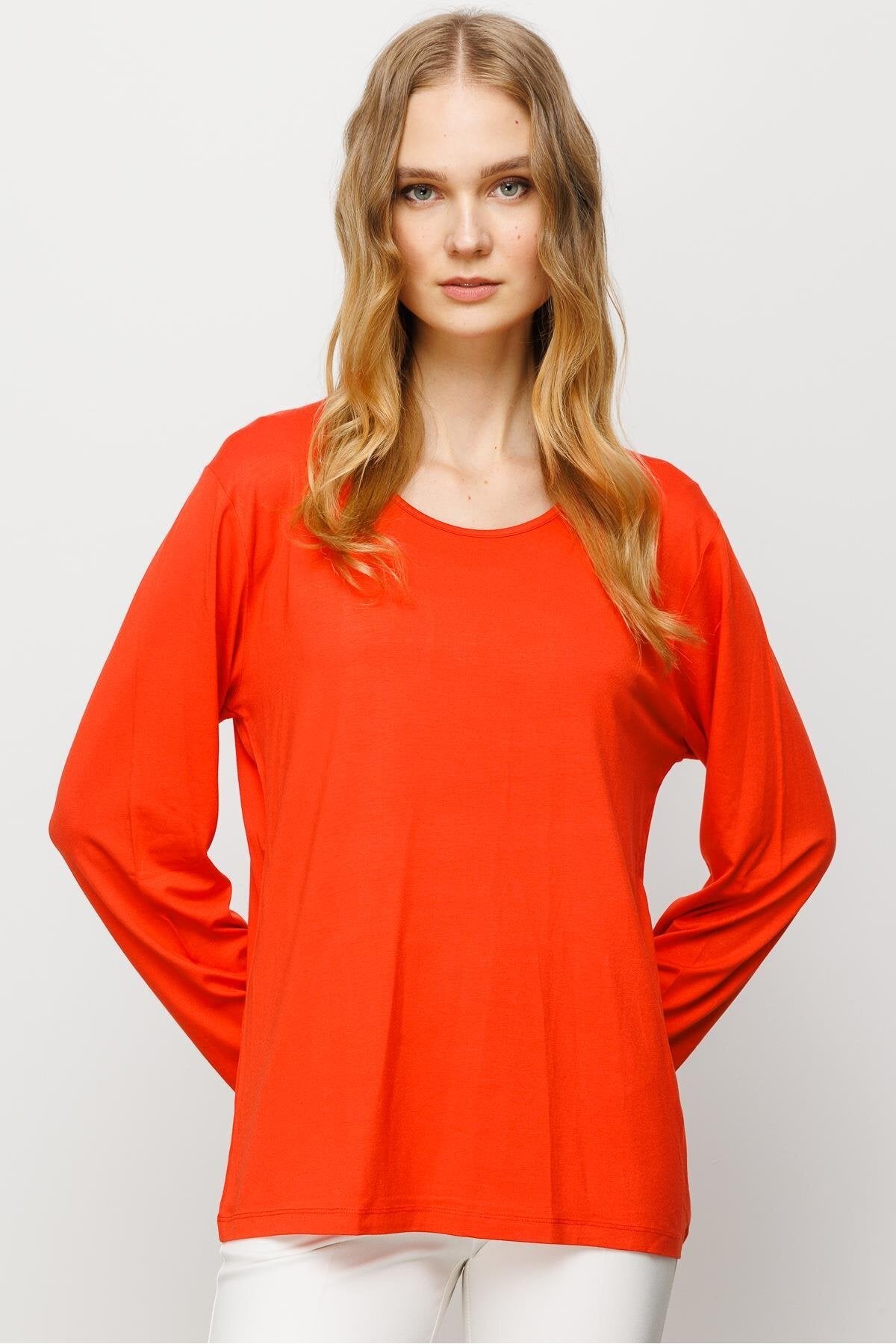 Desen Minimalist Oversize Uzun Kol Yuvarlak Yaka Kadın Bluz - Günlük Kullanım