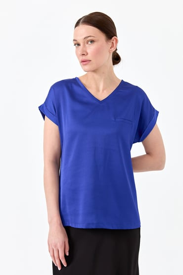 Desen Minimalist V Yaka Kısa Kol Oversize Kadın Bluz - Günlük Şıklık