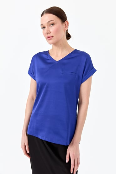 Desen Minimalist V Yaka Kısa Kol Oversize Kadın Bluz - Günlük Şıklık