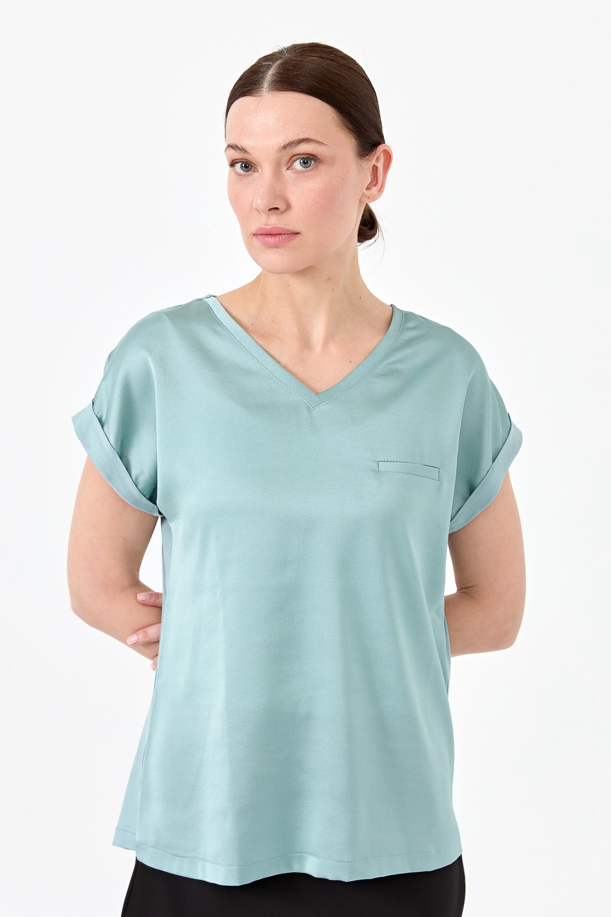 Desen Minimalist V Yaka Kısa Kol Oversize Kadın Bluz - Günlük Şıklık İkincil görsel