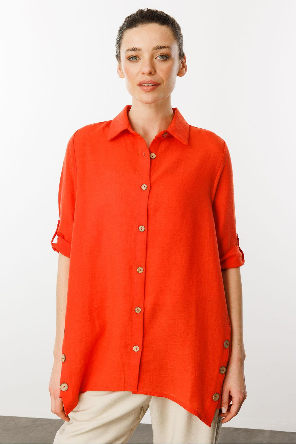 Desen Oversize Keten Gömlek - Minimalist 3/4 Kol