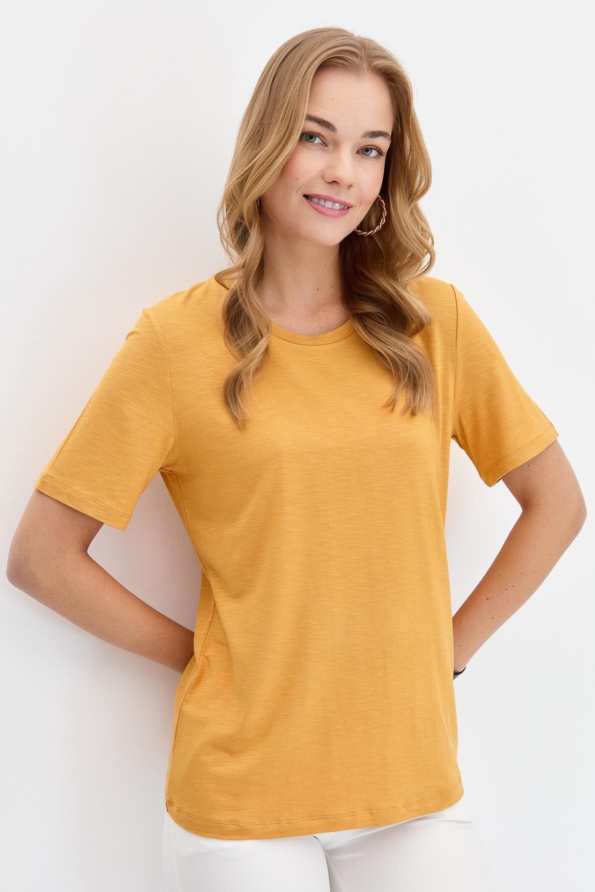 Desen Kadın Oversize Sıfır Yaka Kısa Kollu Düz Triko T-shirt Ana görsel