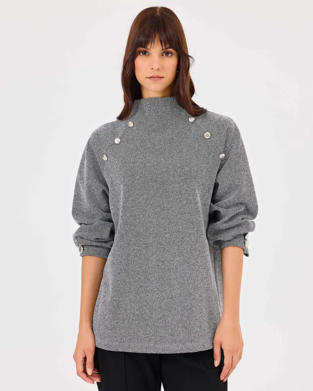dik yaka düğme detaylı sweatshirt Scl