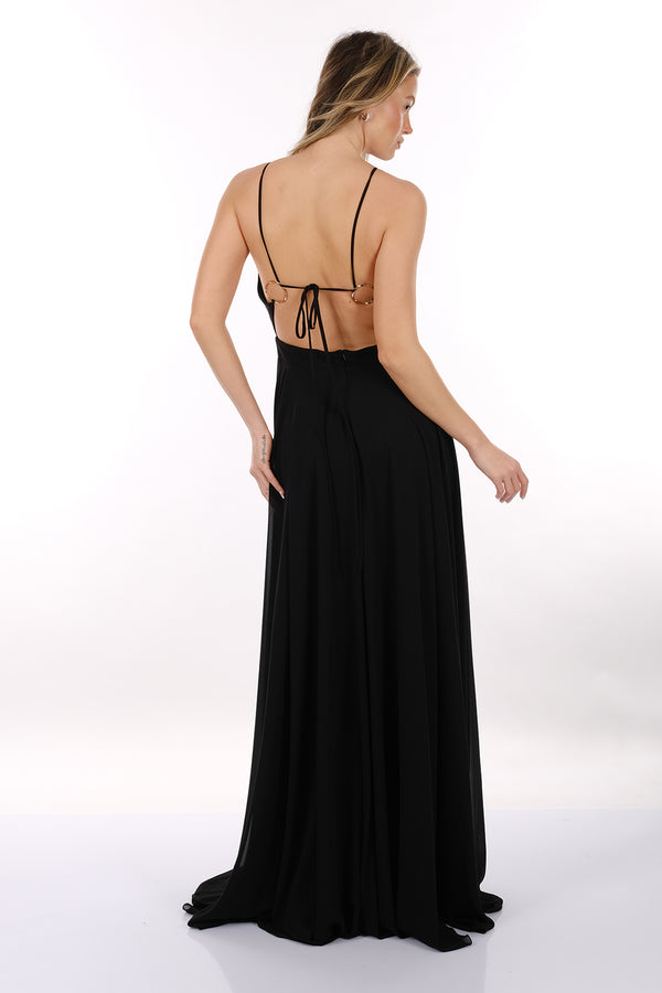 DORİDORCA Halter Yaka Sırt Detaylı Şifon Kumaş Maxi Boy Kadın Abiye Elbise 2246060