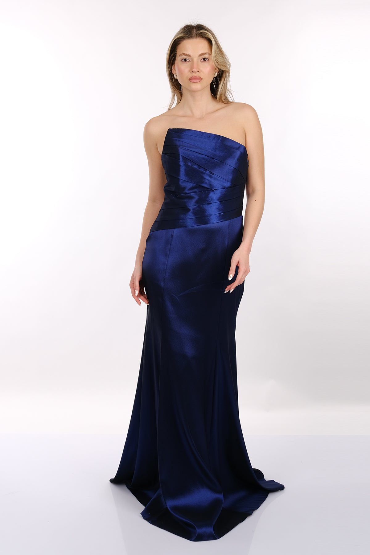 DORİDORCA Straplez Drapeli Saten Maxi Boy Kadın Abiye 2246115