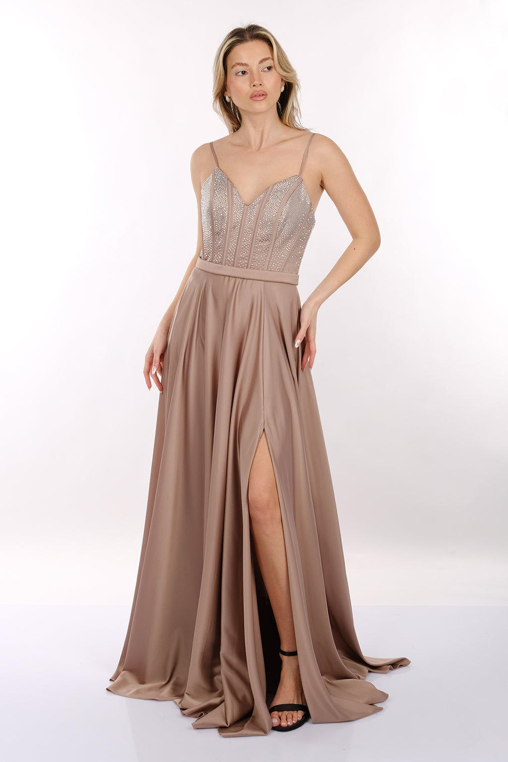 DORİDORCA İp Askılı V Yaka Önden Yırtmaçlı Maxi Boy Kadın Abiye 2246123