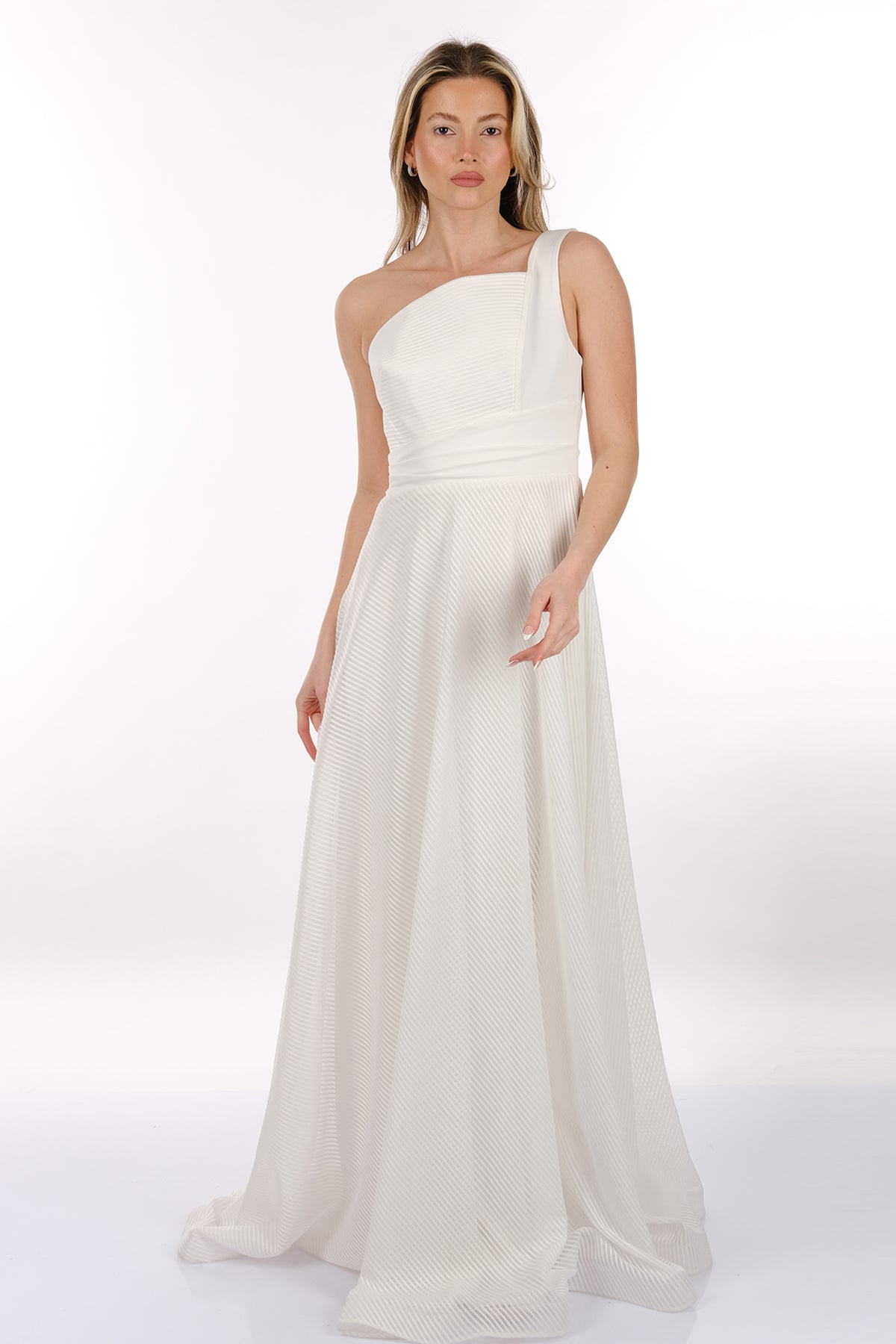 DORİDORCA Tek Omuz Kendinden Desenli Maxi Boy Kadın Abiye Elbise 2246026