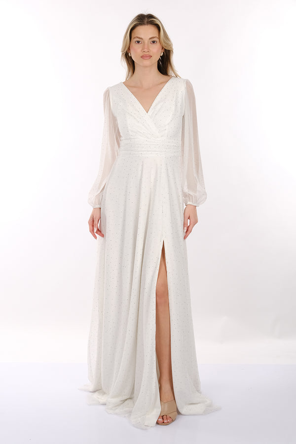 DORİDORCA V Yaka Drapeli Uzun Kollu Şifon Maxi Boy Kadın Abiye Elbise 2246088