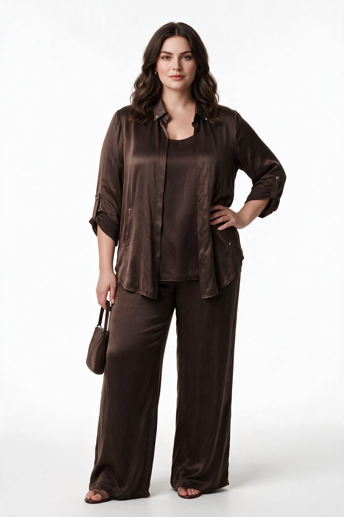 Ekol BB Kadın Büyük Beden Yüksek Bel Geniş Paça Saten Dökümlü Pantolon Ana görsel