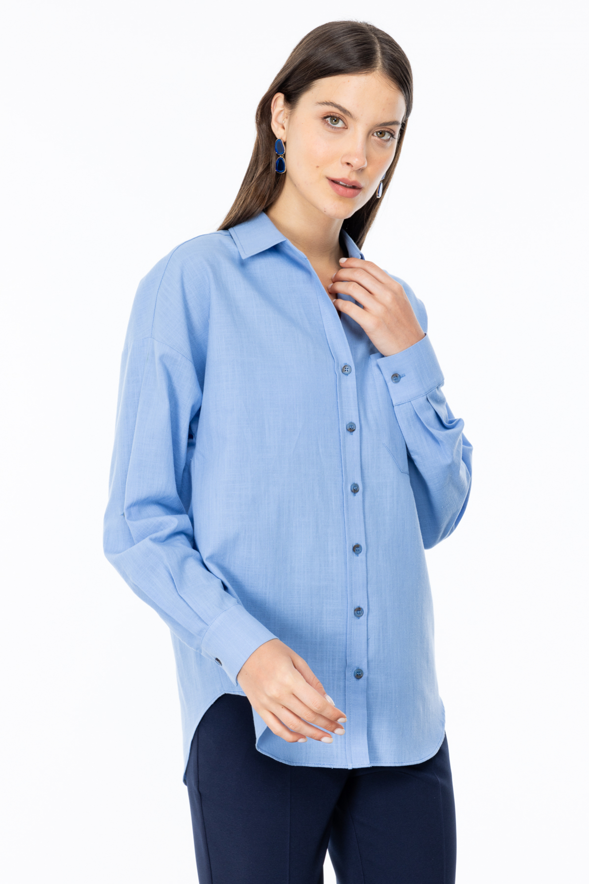 Ekol Oversize Gömlek Yaka 3/4 Kol Kadın Bluz - Minimalist Tarz