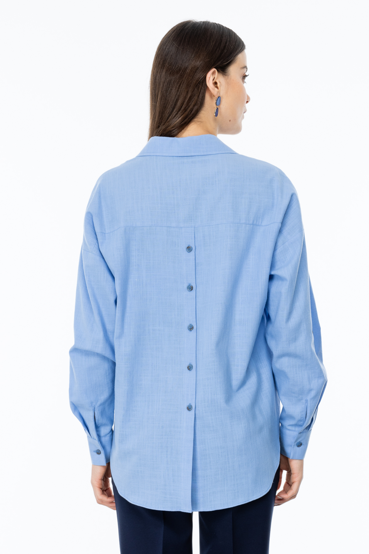 Ekol Oversize Gömlek Yaka 3/4 Kol Kadın Bluz - Minimalist Tarz