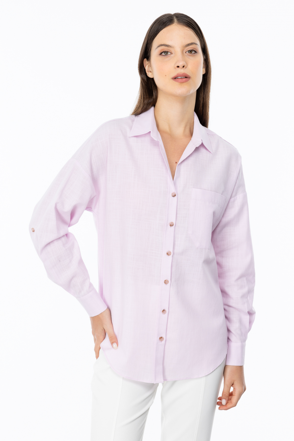 Ekol Oversize Gömlek Yaka 3/4 Kol Kadın Bluz - Minimalist Tarz