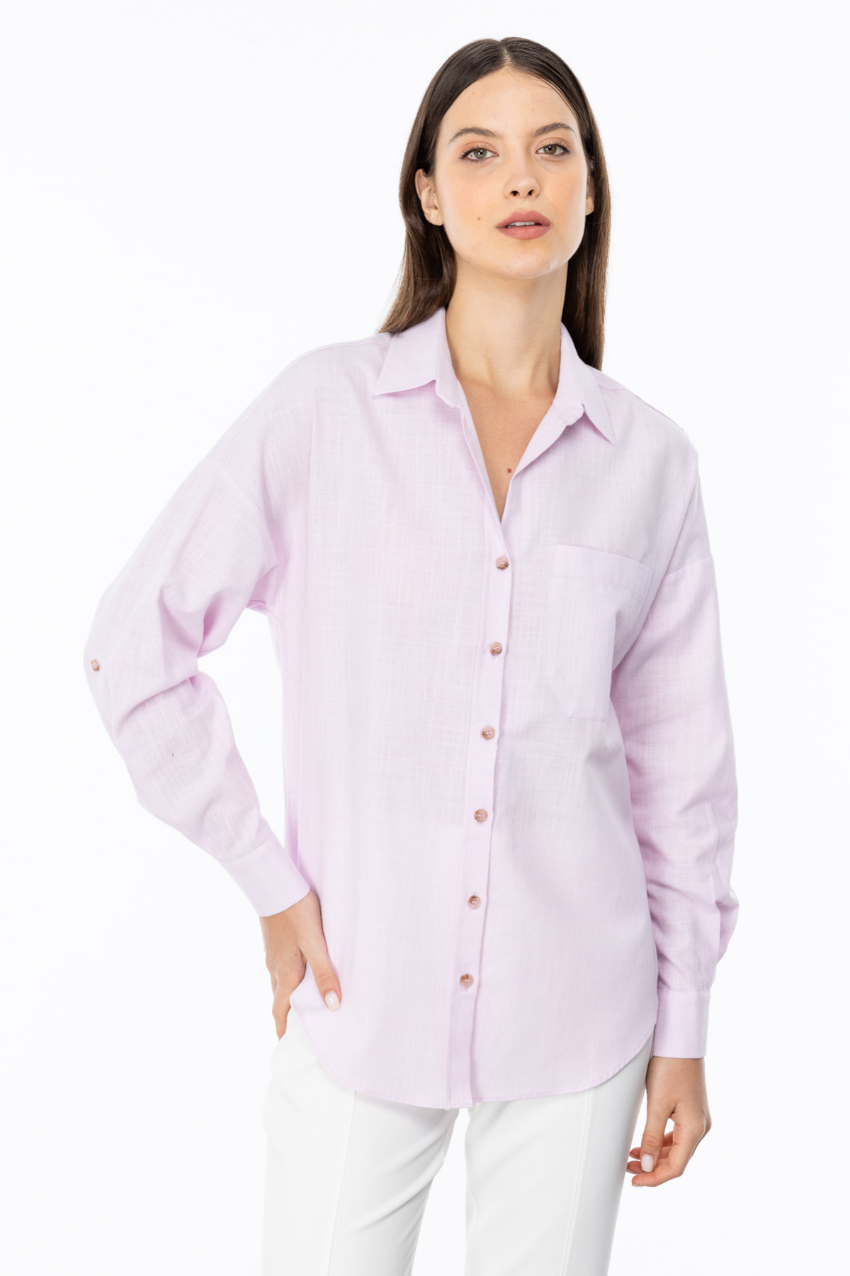 Ekol Oversize Gömlek Yaka 3/4 Kol Kadın Bluz - Minimalist Tarz