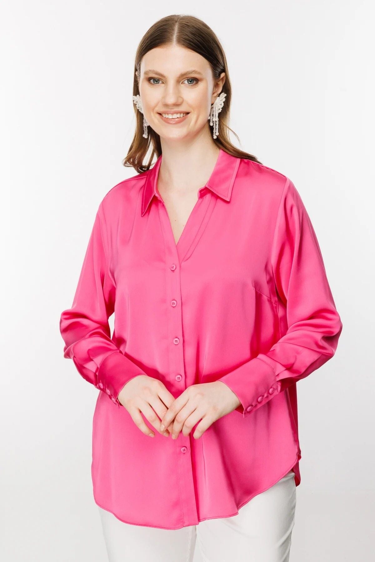 Ekol Oversize Minimalist Uzun Kol Saten Bluz - Gömlek Yaka