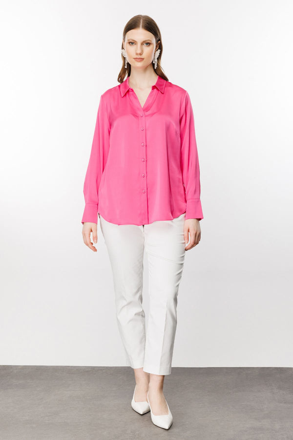Ekol Oversize Minimalist Uzun Kol Saten Bluz - Gömlek Yaka