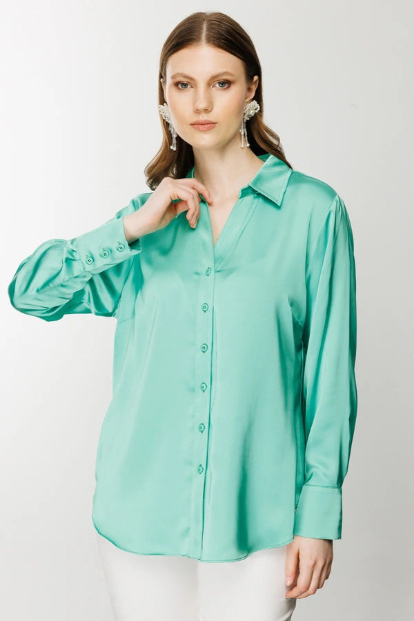 Ekol Oversize Minimalist Uzun Kol Saten Bluz - Gömlek Yaka