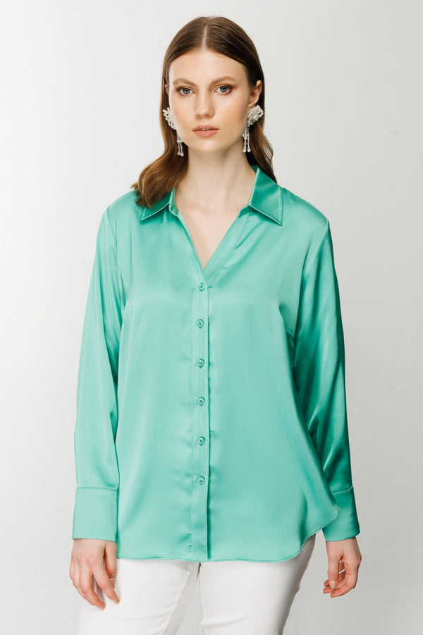 Ekol Oversize Minimalist Uzun Kol Saten Bluz - Gömlek Yaka
