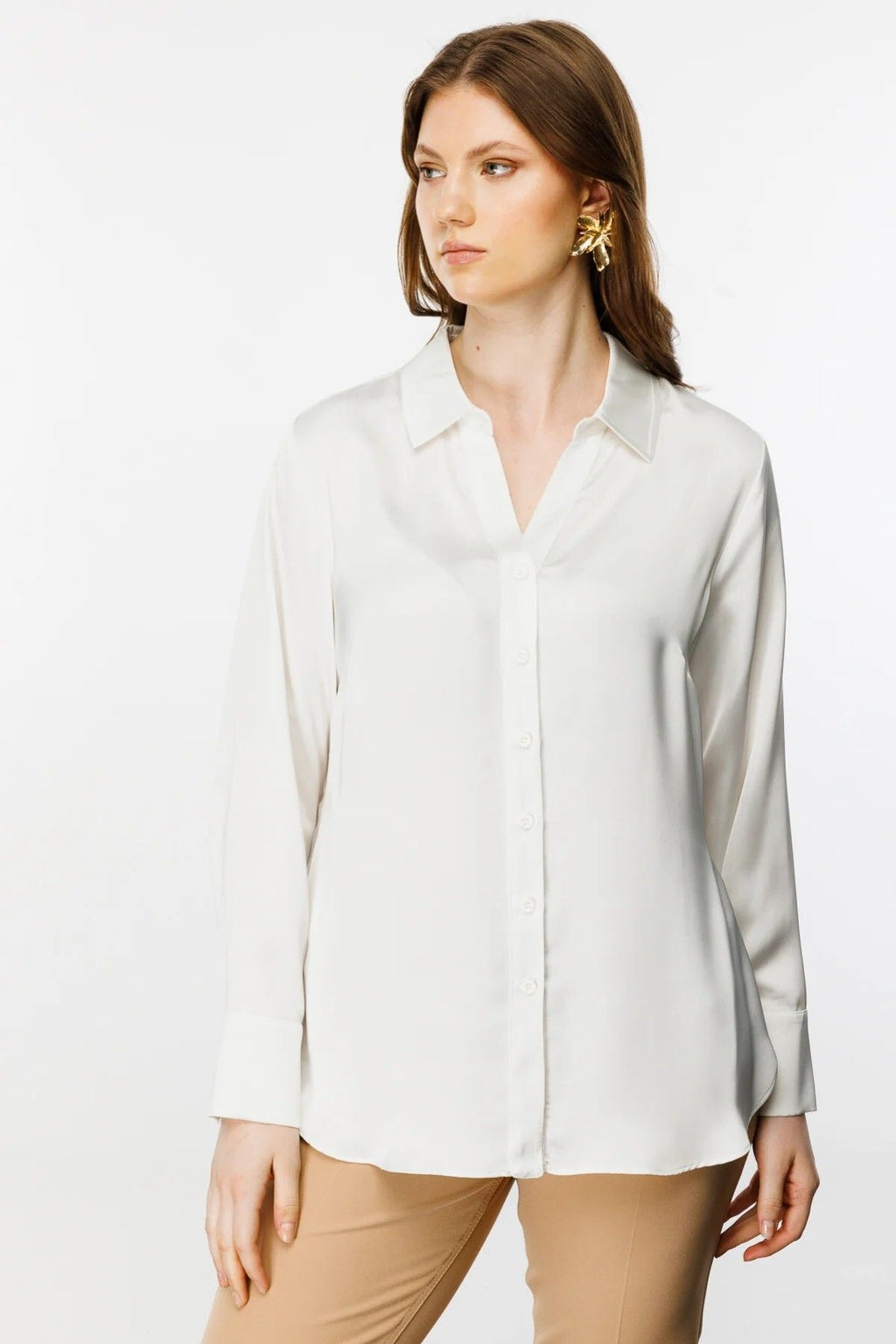 Ekol Oversize Minimalist Uzun Kol Saten Bluz - Gömlek Yaka