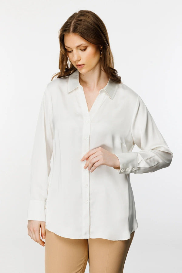 Ekol Oversize Minimalist Uzun Kol Saten Bluz - Gömlek Yaka